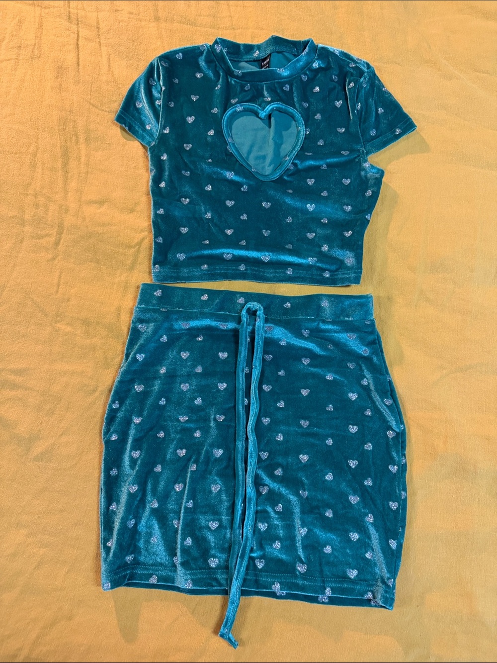 SHEIN Teal Velvet Heart Two-Piece Mini Skirt Set